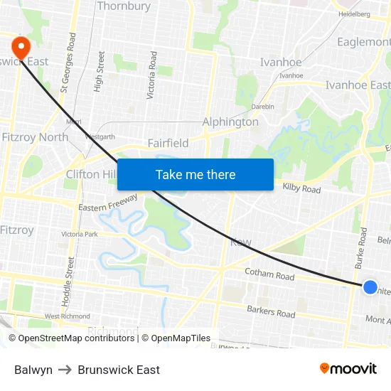 Balwyn to Brunswick East map