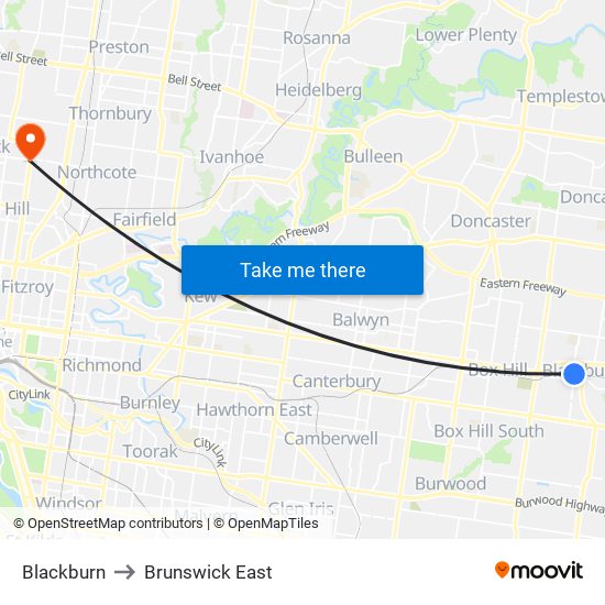 Blackburn to Brunswick East map