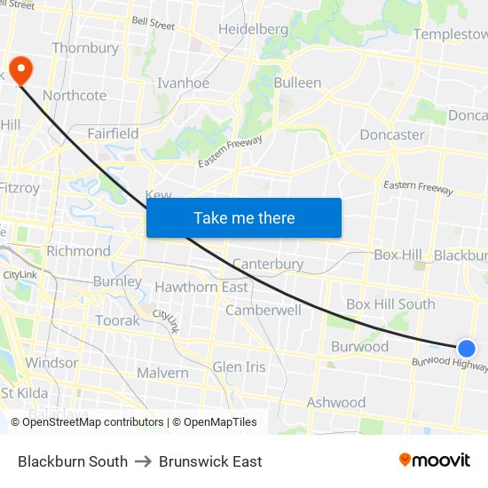 Blackburn South to Brunswick East map