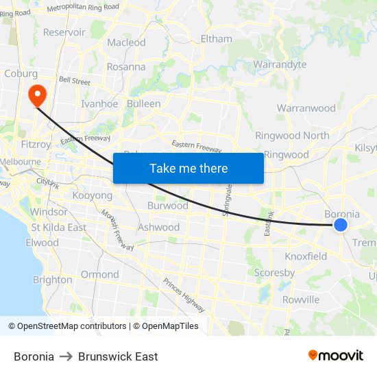 Boronia to Brunswick East map