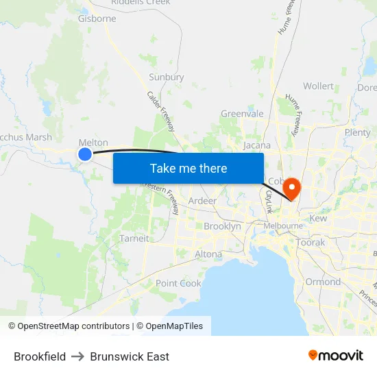Brookfield to Brunswick East map