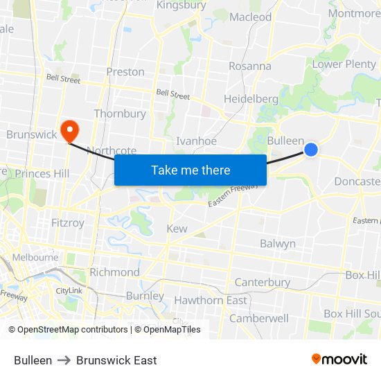 Bulleen to Brunswick East map