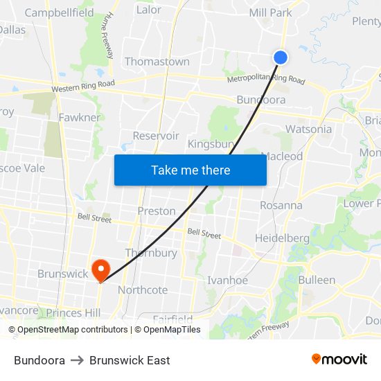 Bundoora to Brunswick East map