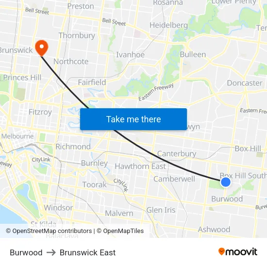 Burwood to Brunswick East map