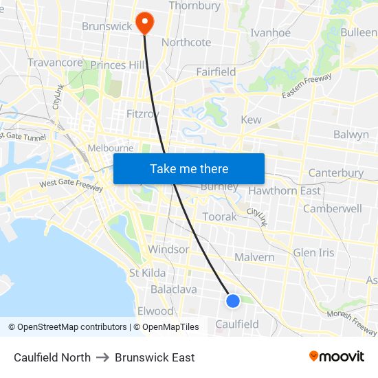 Caulfield North to Brunswick East map