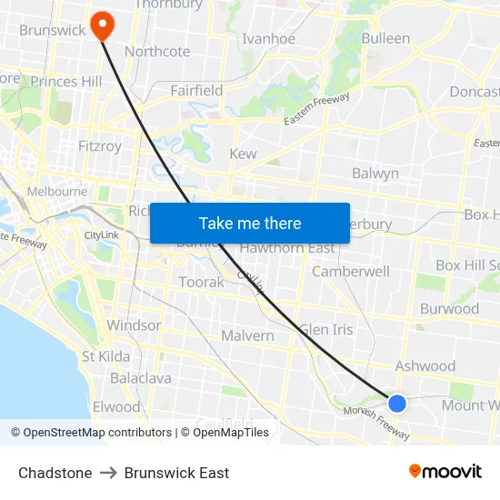 Chadstone to Brunswick East map