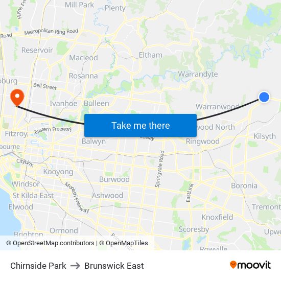 Chirnside Park to Brunswick East map