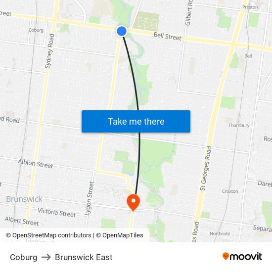 Coburg to Brunswick East map