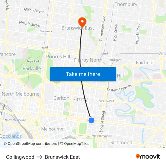 Collingwood to Brunswick East map