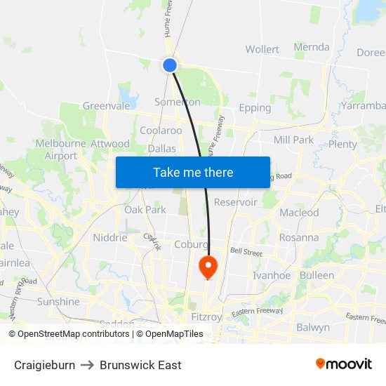 Craigieburn to Brunswick East map