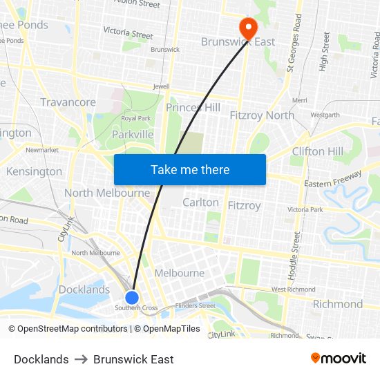 Docklands to Brunswick East map