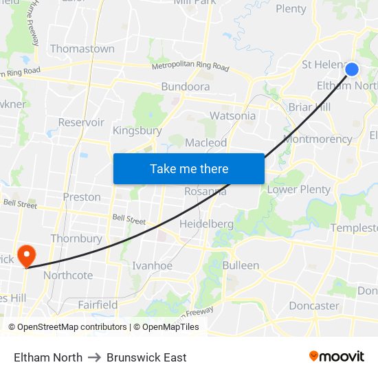 Eltham North to Brunswick East map