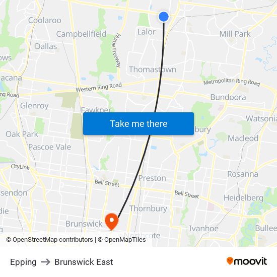 Epping to Brunswick East map