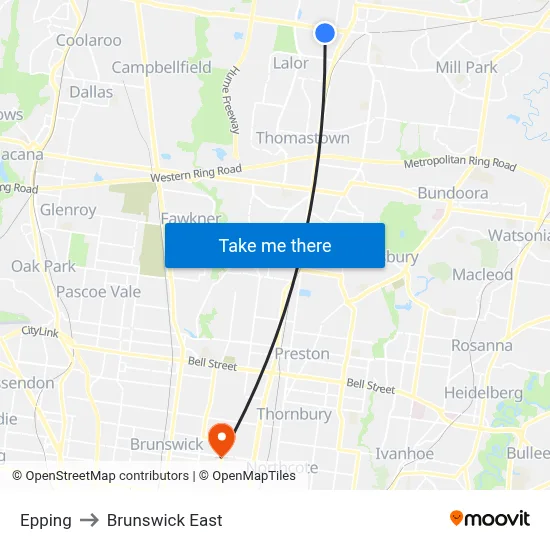 Epping to Brunswick East map