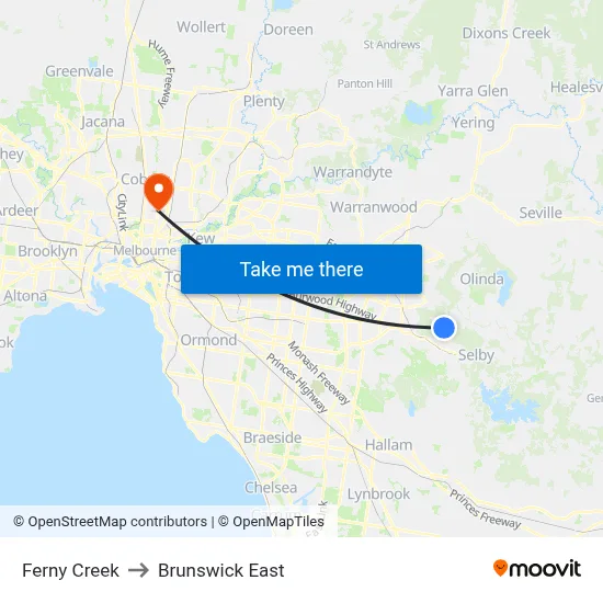 Ferny Creek to Brunswick East map