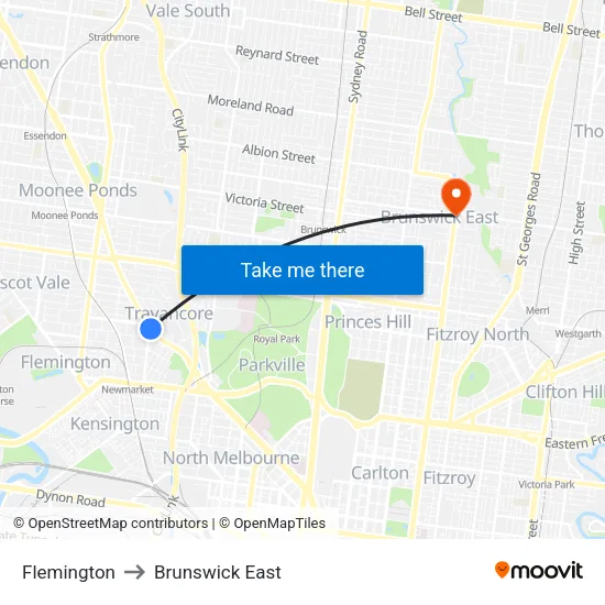 Flemington to Brunswick East map