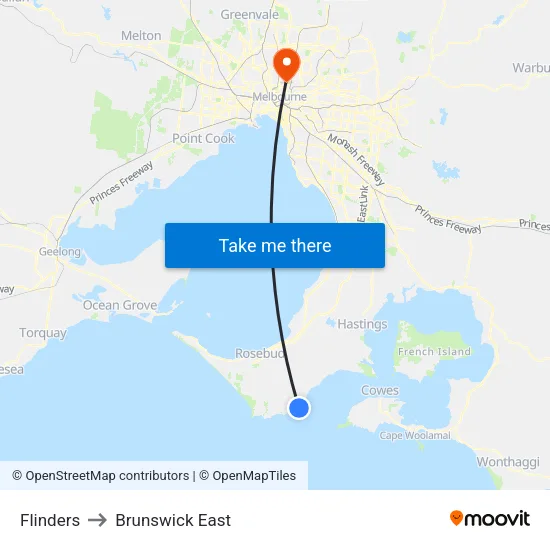Flinders to Brunswick East map