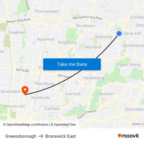 Greensborough to Brunswick East map