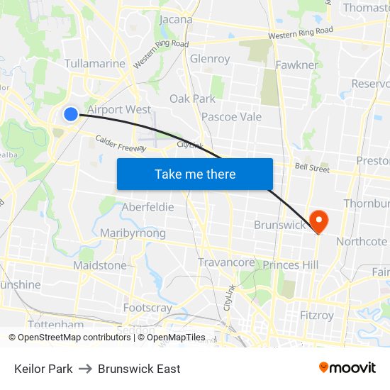 Keilor Park to Brunswick East map