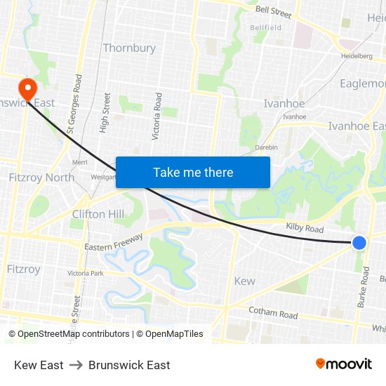 Kew East to Brunswick East map