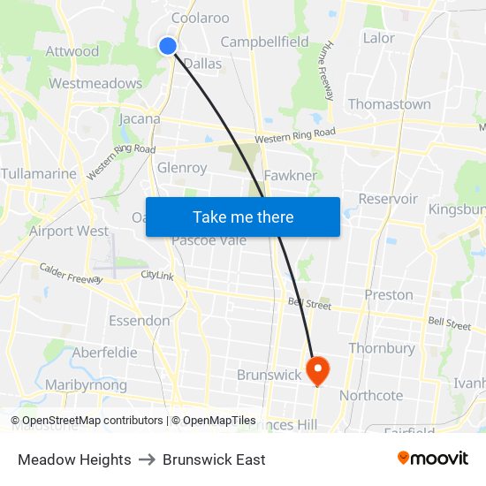 Meadow Heights to Brunswick East map
