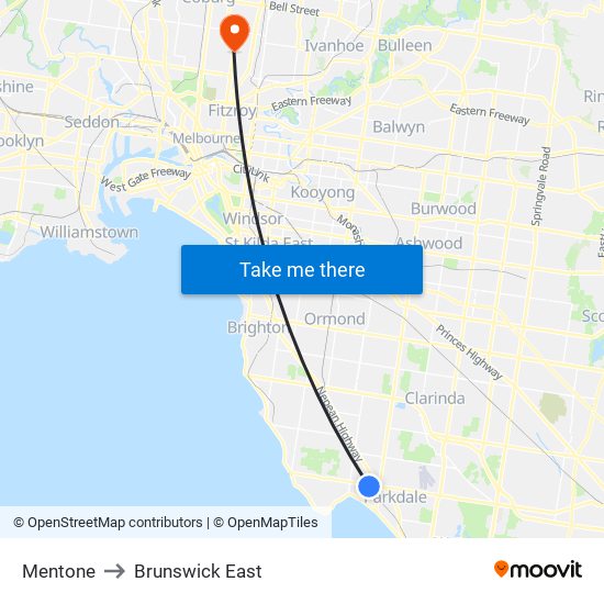 Mentone to Brunswick East map