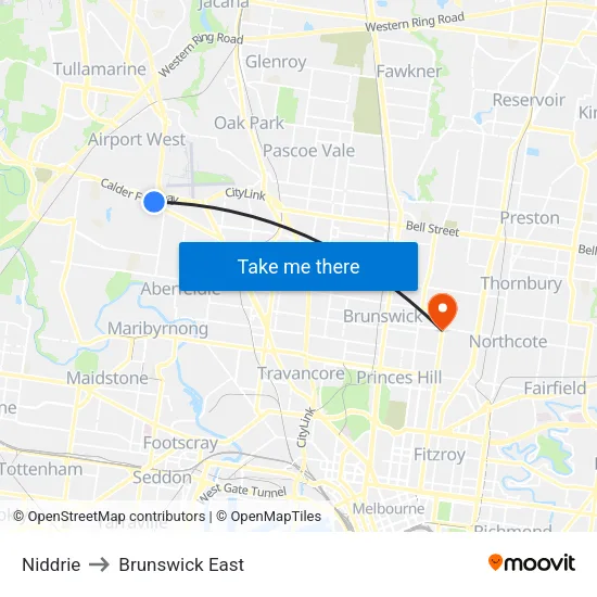 Niddrie to Brunswick East map