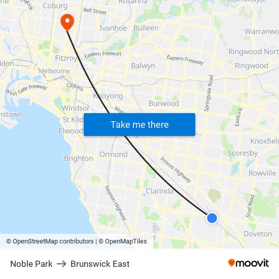 Noble Park to Brunswick East map
