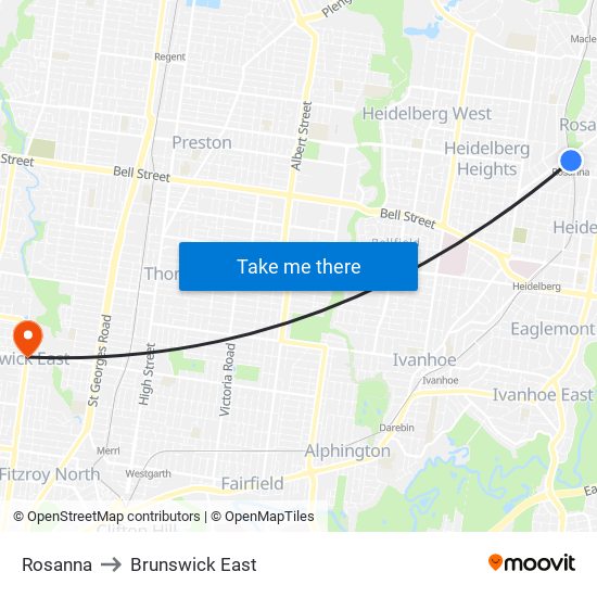 Rosanna to Brunswick East map