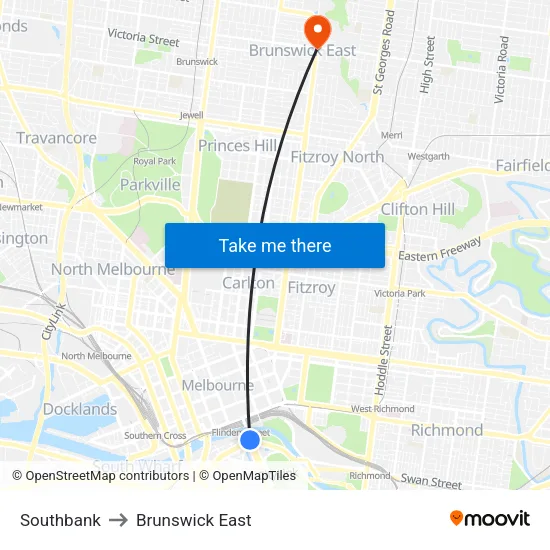 Southbank to Brunswick East map