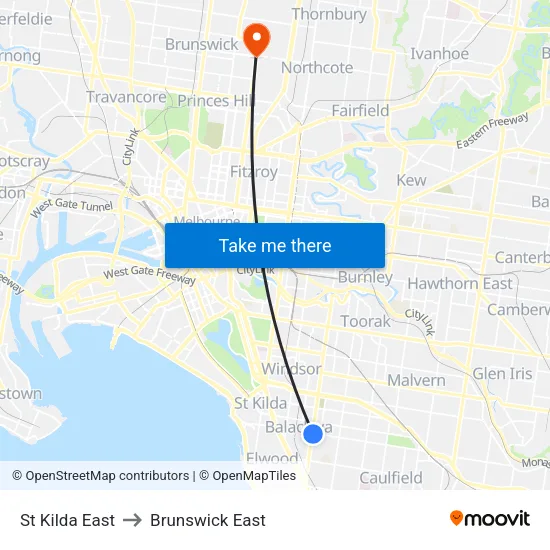 St Kilda East to Brunswick East map