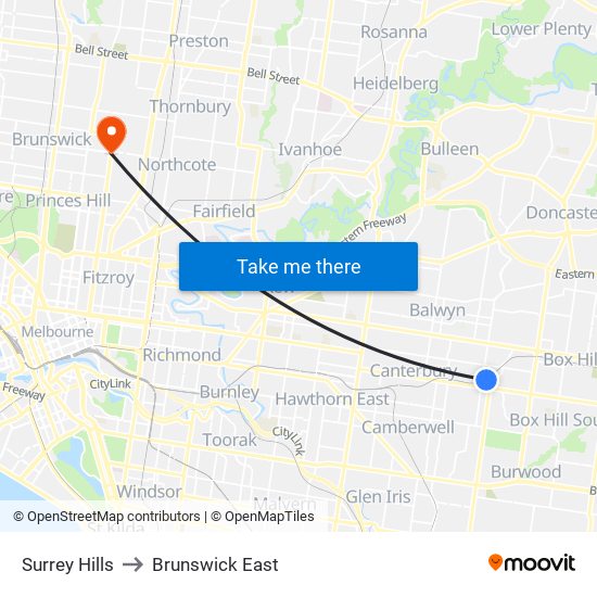 Surrey Hills to Brunswick East map