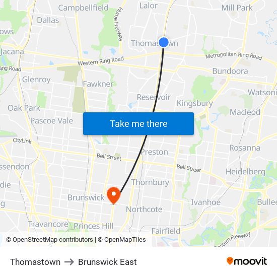 Thomastown to Brunswick East map