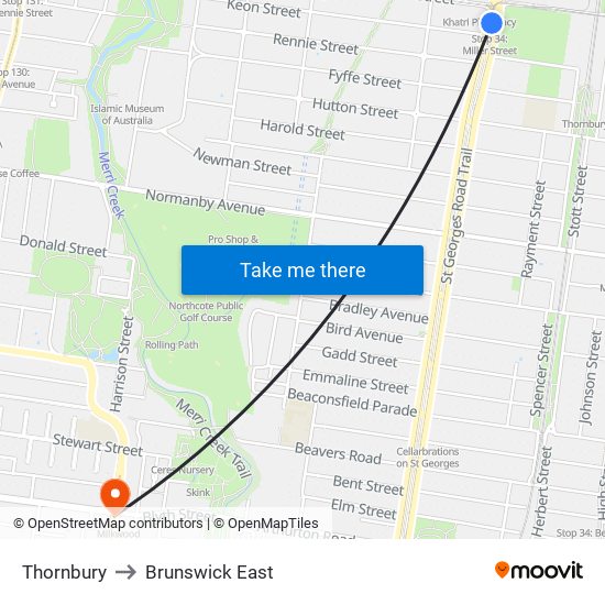 Thornbury to Brunswick East map