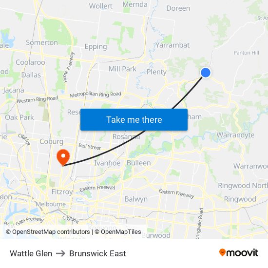 Wattle Glen to Brunswick East map