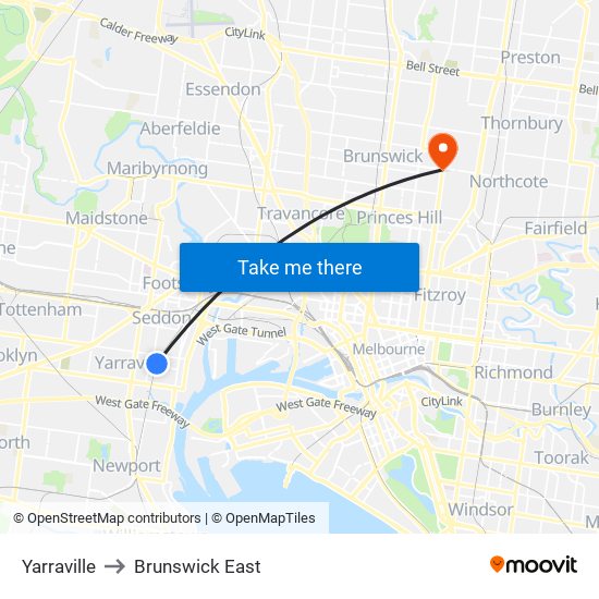Yarraville to Brunswick East map