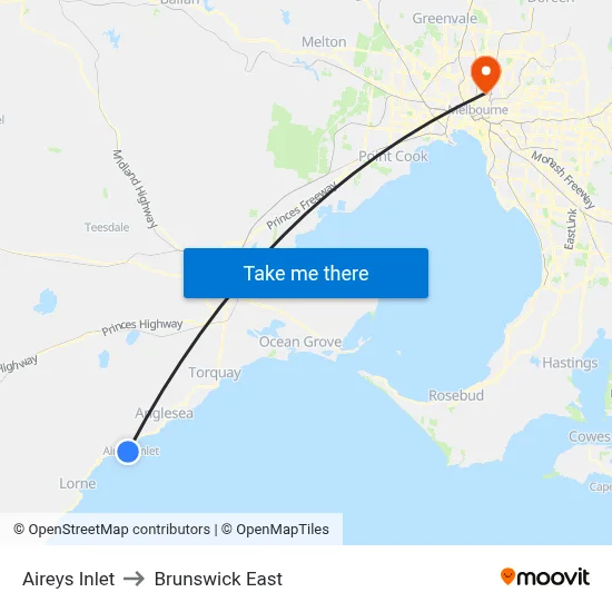 Aireys Inlet to Brunswick East map