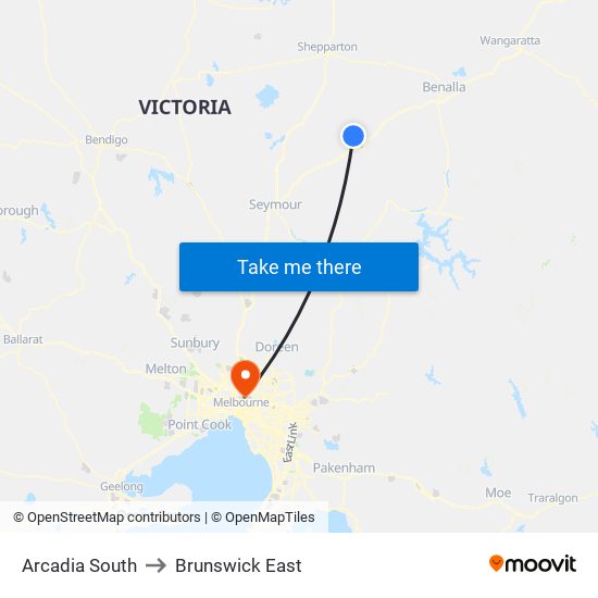 Arcadia South to Brunswick East map