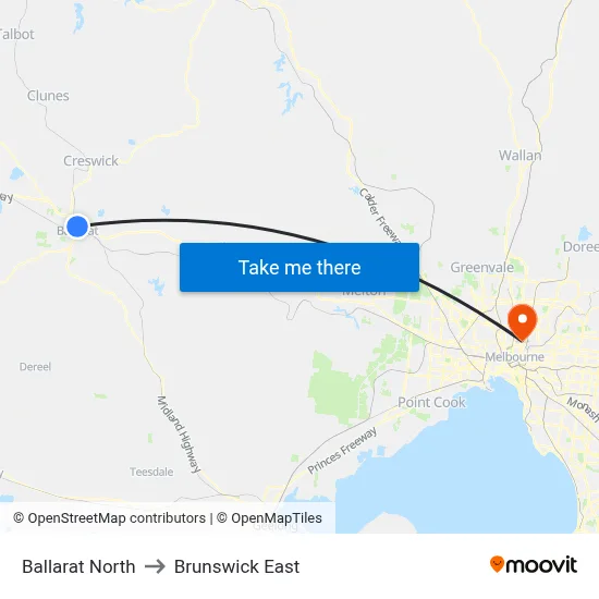 Ballarat North to Brunswick East map