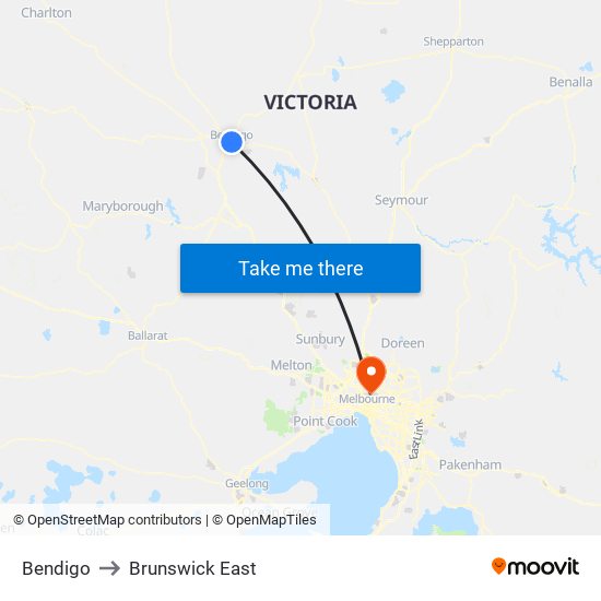 Bendigo to Brunswick East map