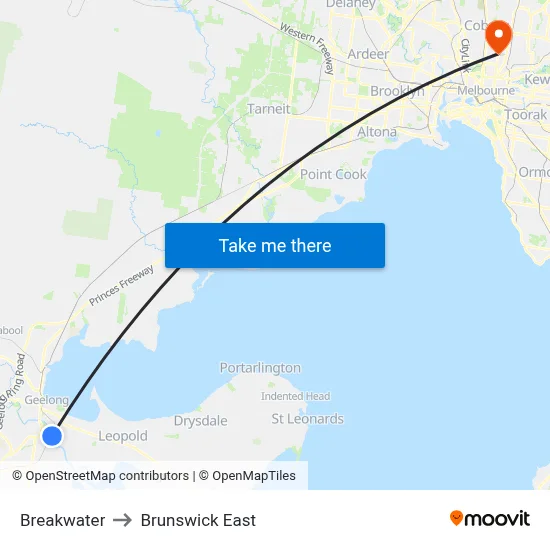 Breakwater to Brunswick East map