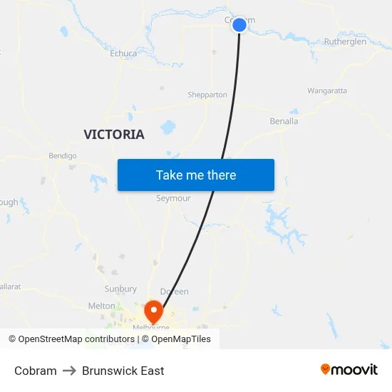 Cobram to Brunswick East map