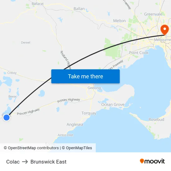 Colac to Brunswick East map