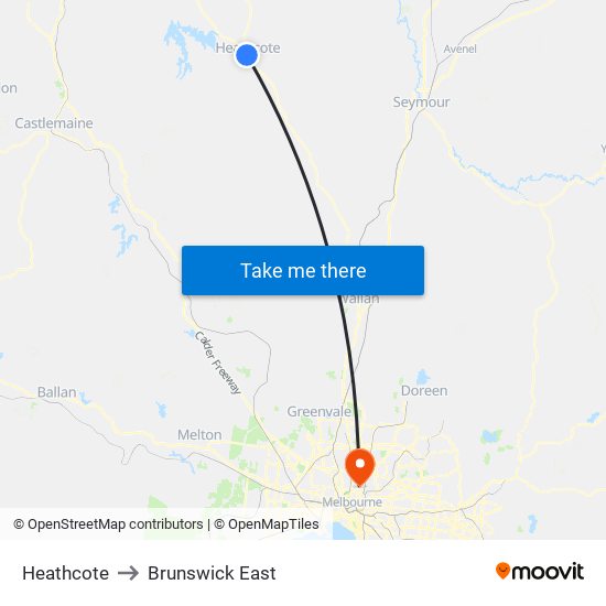 Heathcote to Brunswick East map