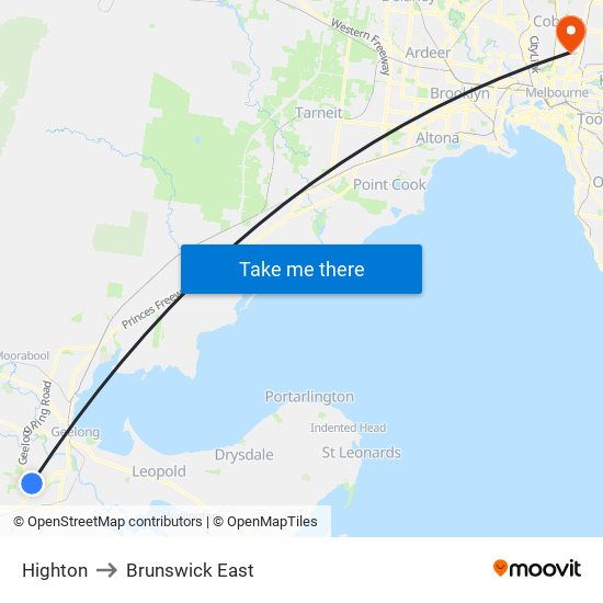 Highton to Brunswick East map