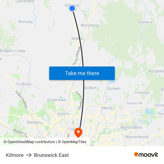 Kilmore to Brunswick East map