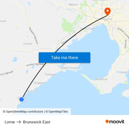 Lorne to Brunswick East map