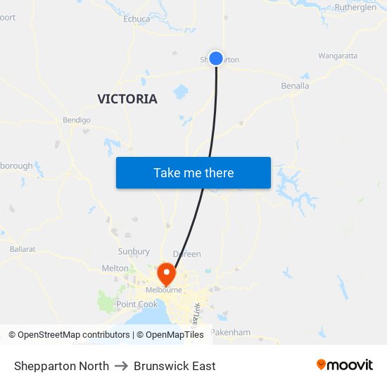 Shepparton North to Brunswick East map