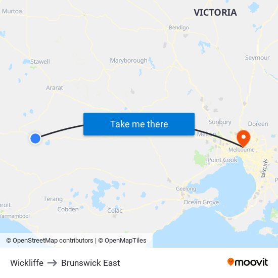 Wickliffe to Brunswick East map