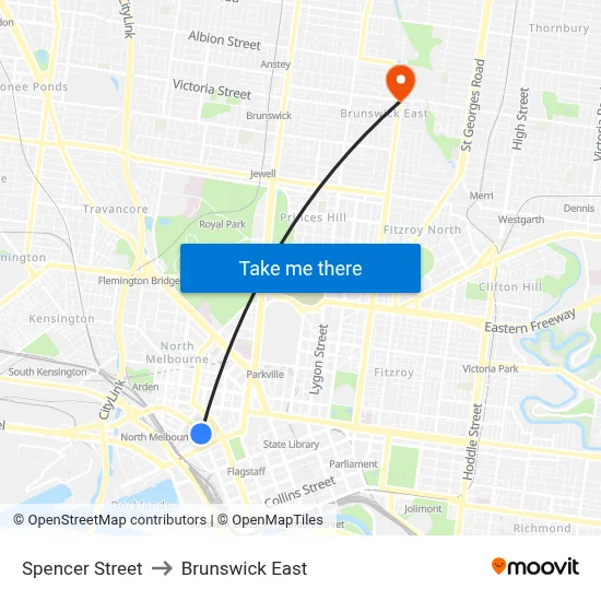 Spencer Street to Brunswick East map
